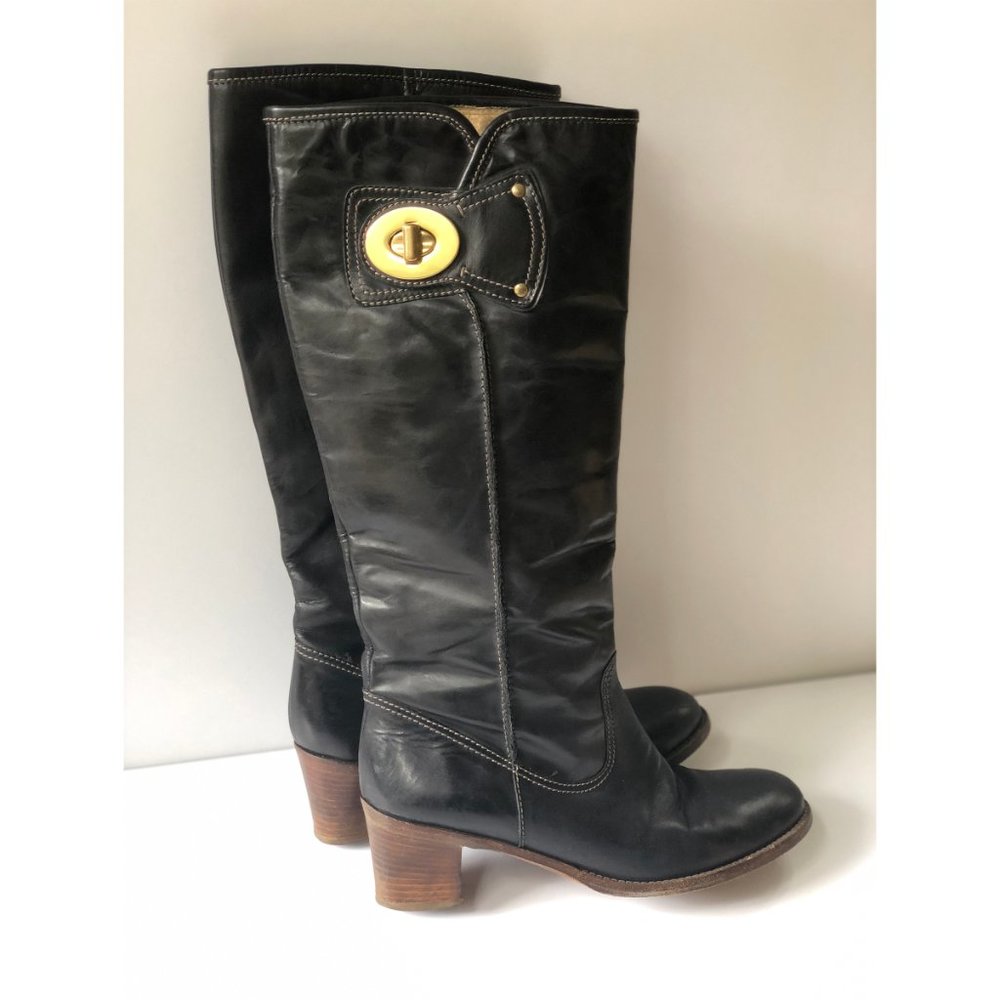 Black Coach Tall Leather Boot With Block Heel